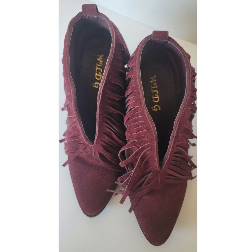 Wild G Maroon Fringe Ankle Booties Faux Suede Slip-on Size 9 Festival Boho - Picture 2 of 8